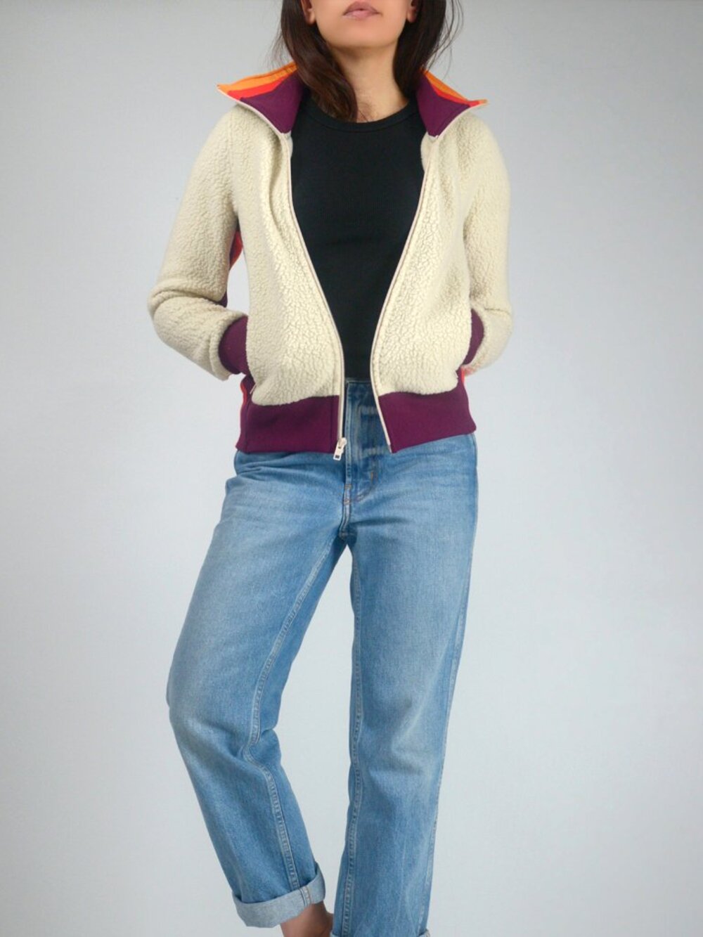 Wilfred Free Smokey Zip-Up, Collared Fleece Raglan Sleeve Retro Zippered Jacket,